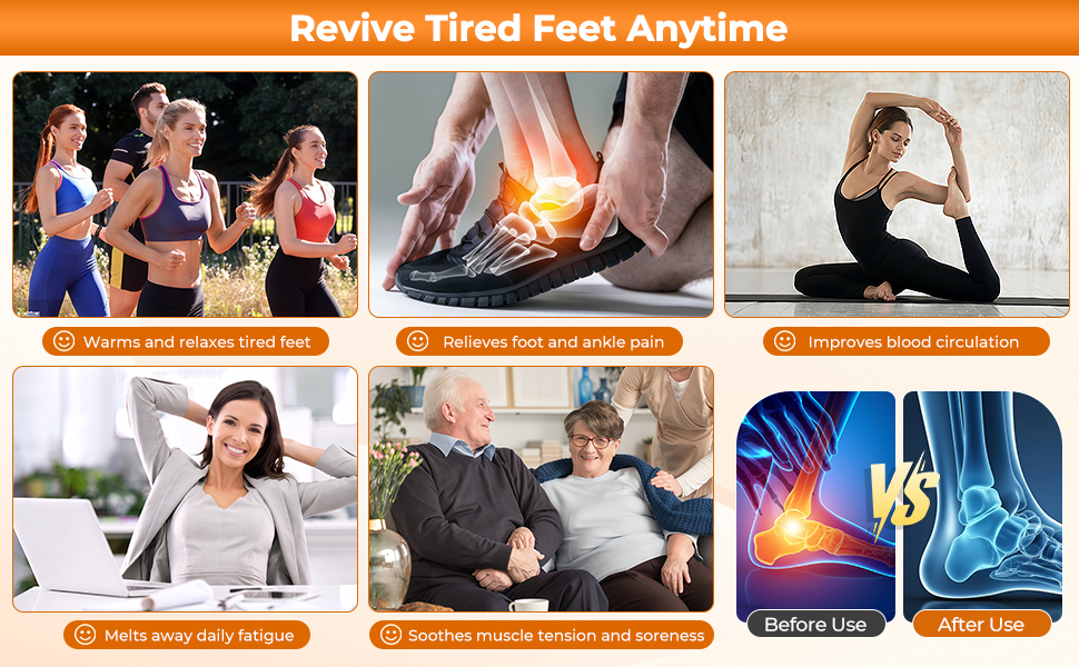 Le texte indique « Revive les pieds fatigués à tout moment ». Photos de produits de style de vie montrant des démonstrations de massage des pieds ou d'acupression avec des points de pression surlignés.