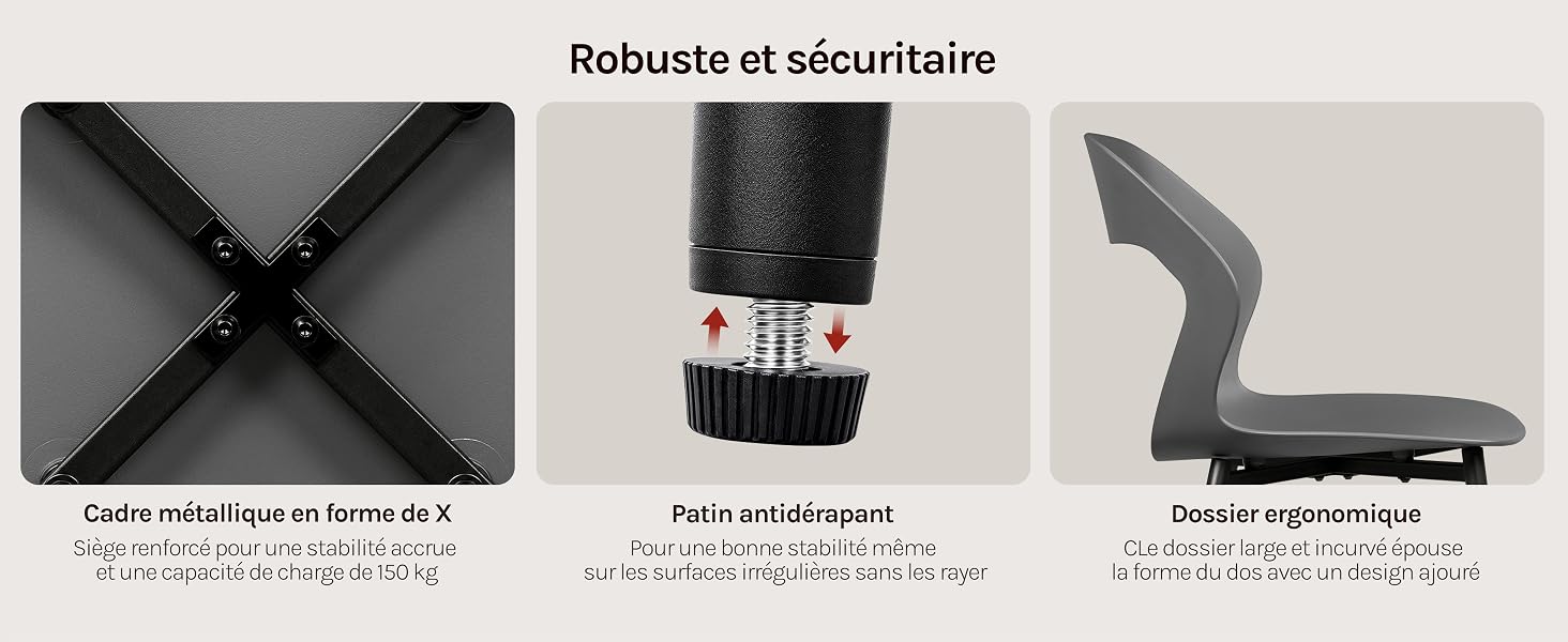 Le texte se lit comme suit : « Robuste et sécurisé ». Trois images de produits montrant un article en tissu noir, un dispositif de sécurité cylindrique blanc avec étiquette rouge et un dispositif de sécurité incurvé noir avec des spécifications détaillées ci-dessous.