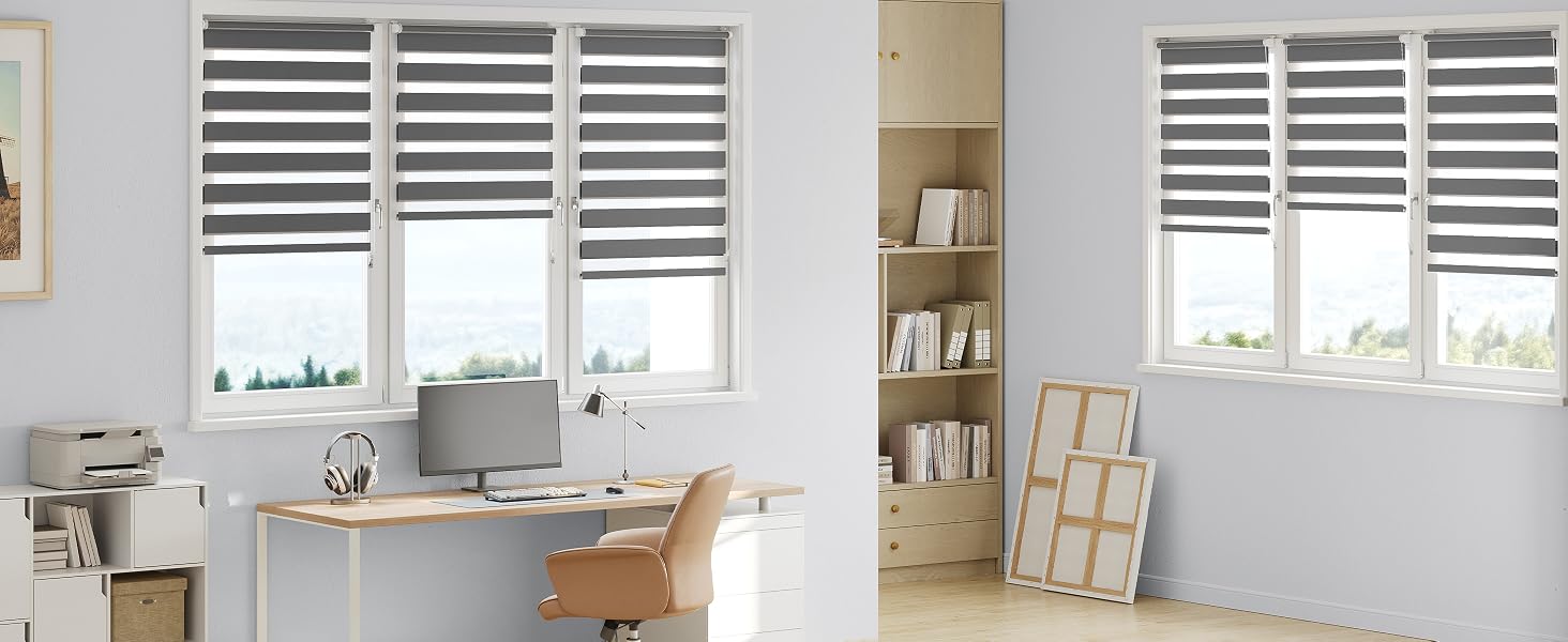 Vista dividida que muestra configuraciones de oficinas en casa con contraventanas blancas, escritorios de madera, estanterías organizadas con libros y cajas de almacenamiento, un espacio de trabajo estético minimalista con iluminación natural.