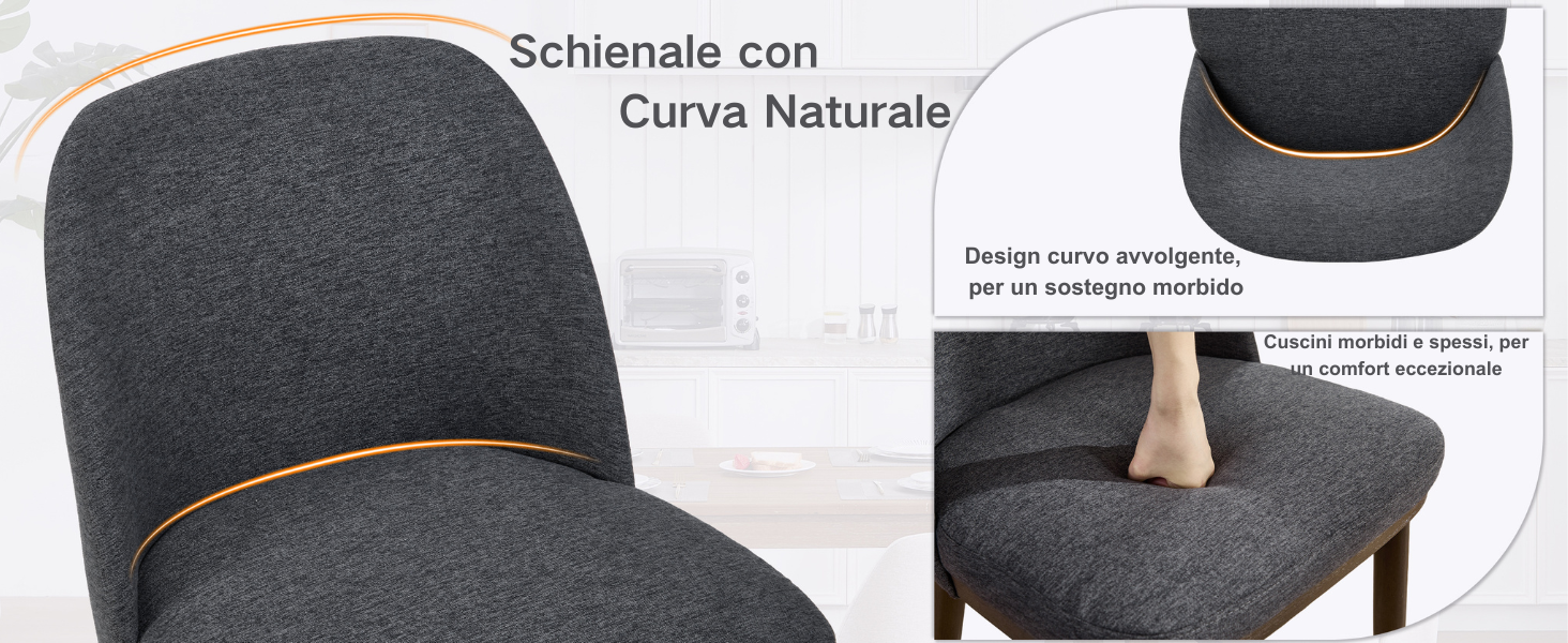 Il testo recita «Schienale con Curva Naturale». Viste multiple della sedia imbottita grigia che mostra il design ergonomico dello schienale curvo.