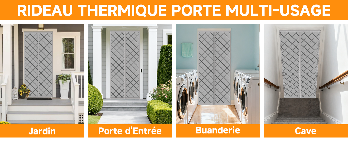 Le texte indique « RIDEAU THERMIQUE PORTE MULTI-USAGE ». Démonstration du produit montrant l'installation de rideaux de porte thermiques en plusieurs étapes.