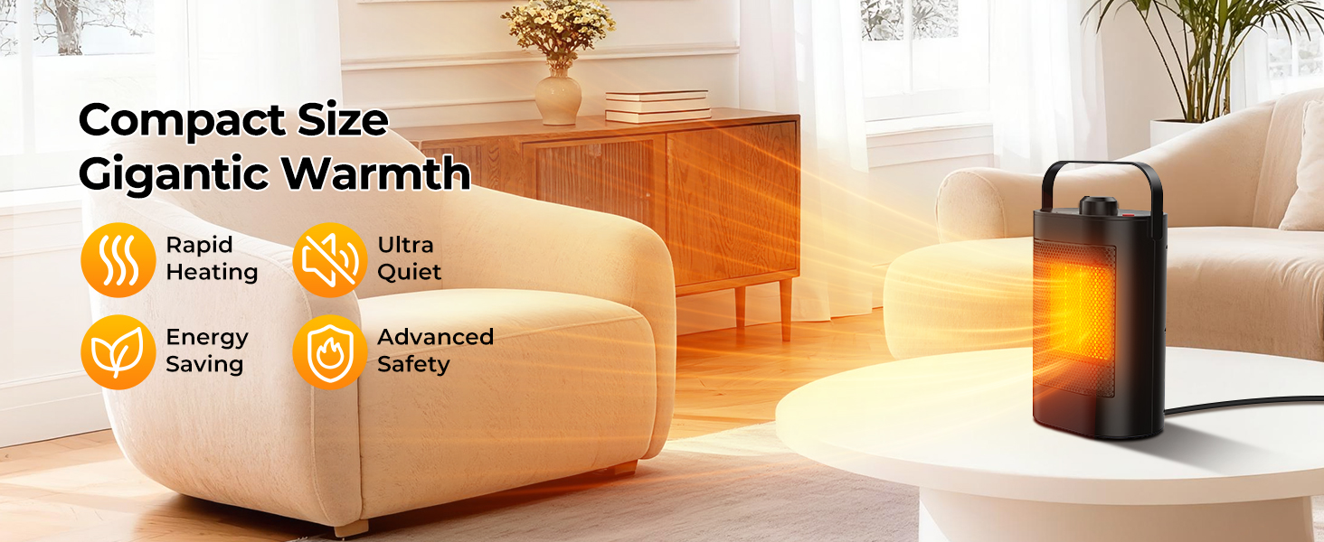 Text reads 'Compact Size', 'Gigantic Warmth'. Product photos showing a white portable heater device in living room settings with couch and ambient lighting.