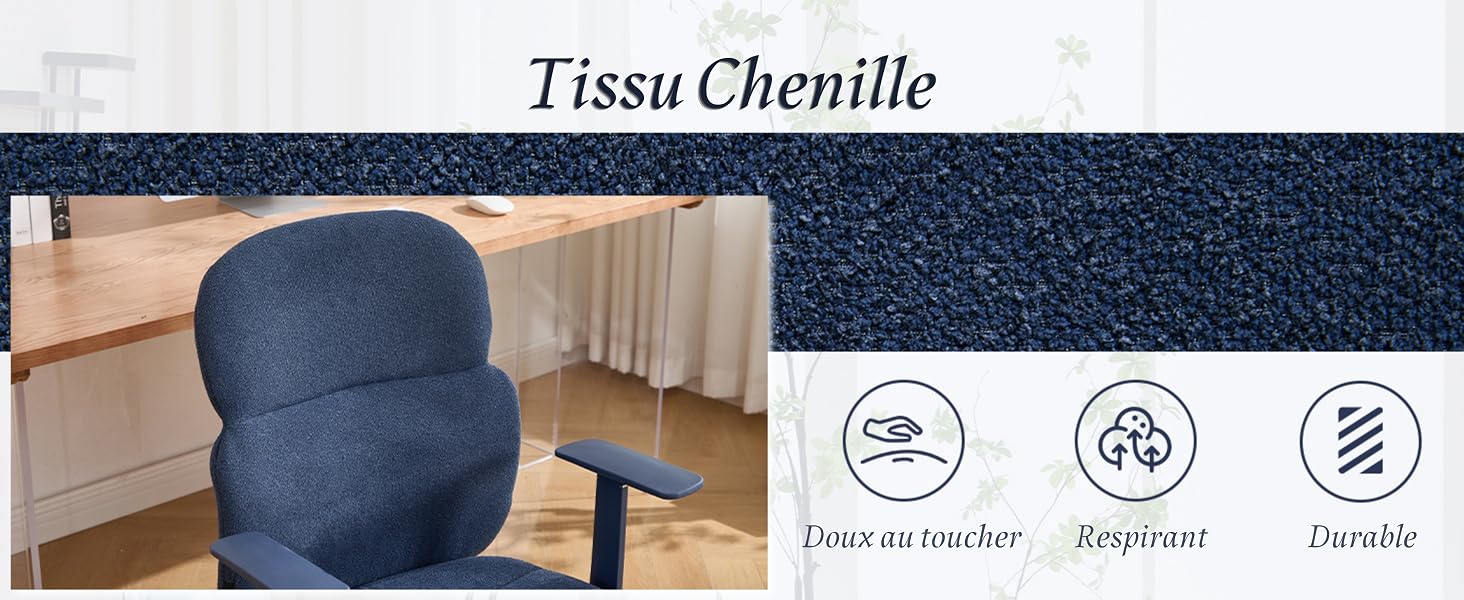 Le texte indique « Tissu Chenille ». Montre une chaise rembourrée bleu marine avec une texture en tissu chenille et un échantillon de matériau, avec trois icônes caractéristiques.