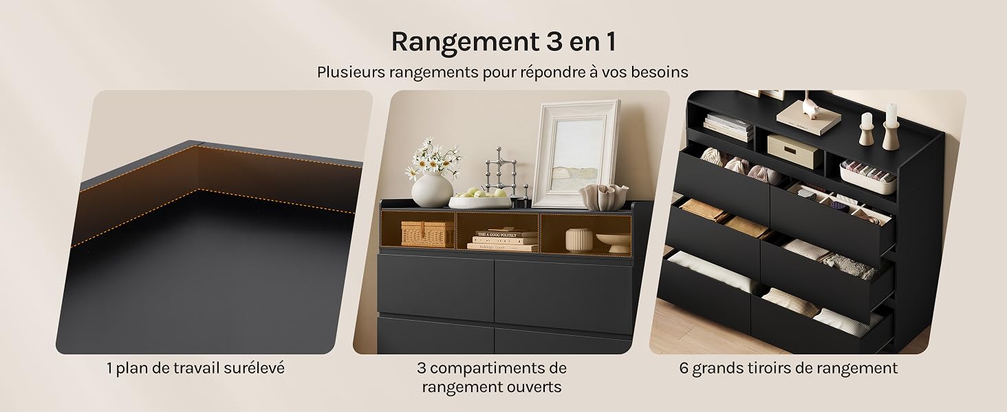 Le texte indique « Rangement 3 en 1 » (rangement 3 en 1). Trois boîtes de rangement organisationnelles illustrées : une boîte en tissu marron à gauche, un organiseur à compartiments en bois au centre et une mallette de style tiroir foncé à droite avec plusieurs sections.