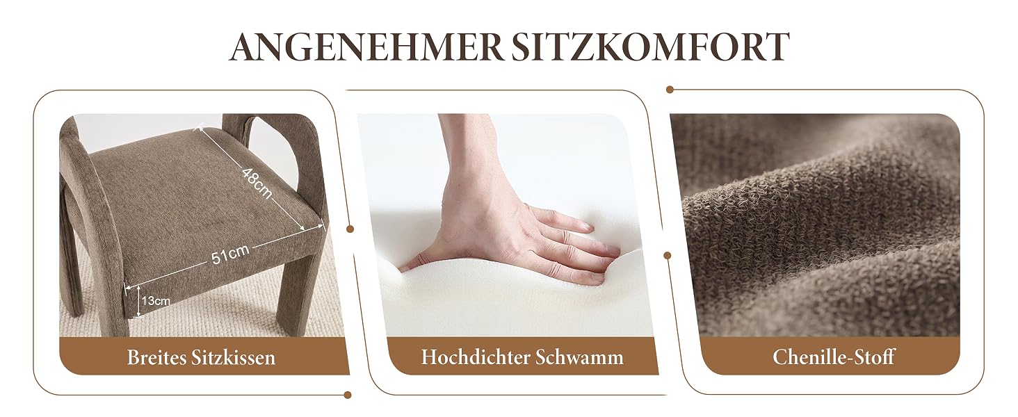 Der Text lautet „ANGENEHMER SITZKOMFORT“. Drei Nahaufnahmen der Stoffstruktur mit den Aufschriften „Berlin Nougat“, „Heidelberg Nougat“ und „Charite Sand“, die Muster von Polsterstoffen mit unterschiedlichen Webarten zeigen.