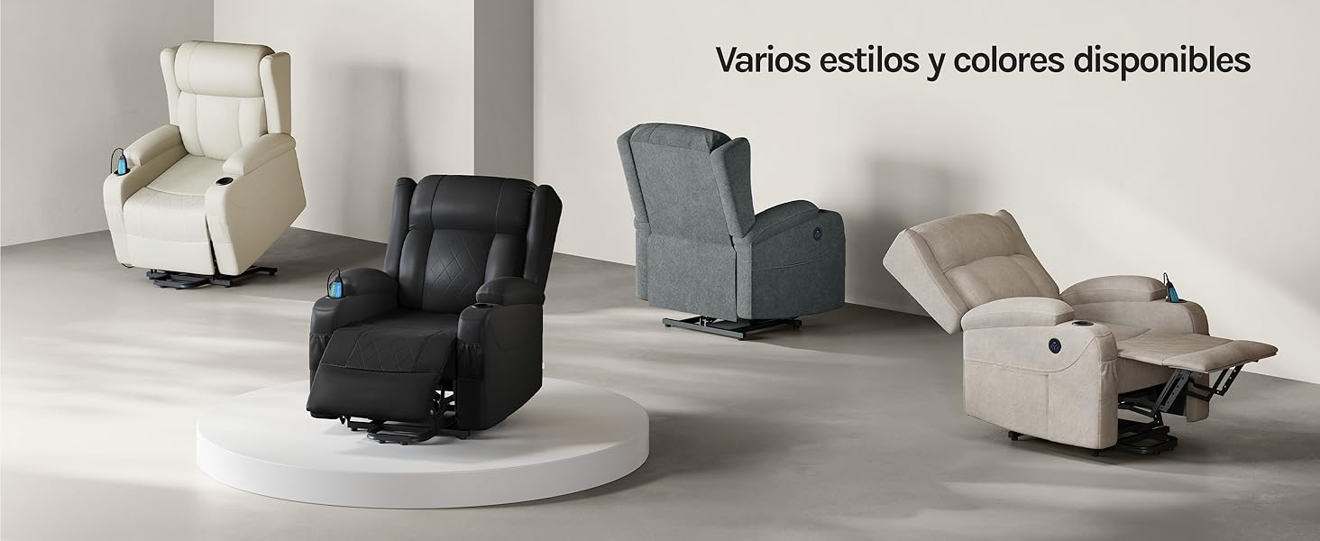 Expositor de cuatro sillones reclinables de diferentes colores (blanco, negro, gris y beige) dispuestos en una plataforma circular