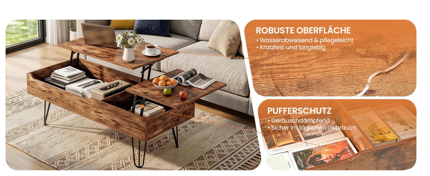 Der Text lautet „ROBUSTE OBERFLÄCHE“ und „PUFFERSCHUTZ“.
[SENTENCE 5] Moderner Couchtisch aus der Mitte des Jahrhunderts aus Holz mit Haarnadelbeinen auf hellem Teppich, auf dem Dekorationsgegenstände und Ablagefächer mit orangefarbenen Akzentkarten ausgestellt sind, auf denen die Produktmerkmale abgebildet sind.