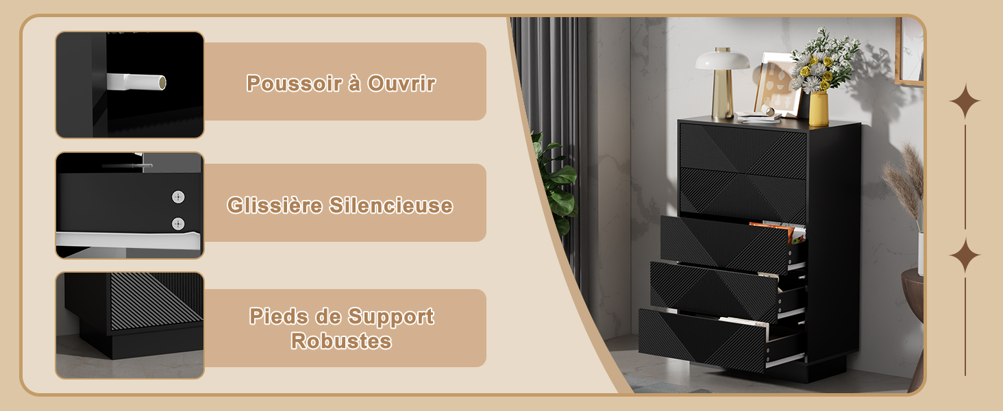 Panneaux de présentation de produits montrant différentes vues d'une armoire de rangement noire ou d'une commode à tiroirs multiples.