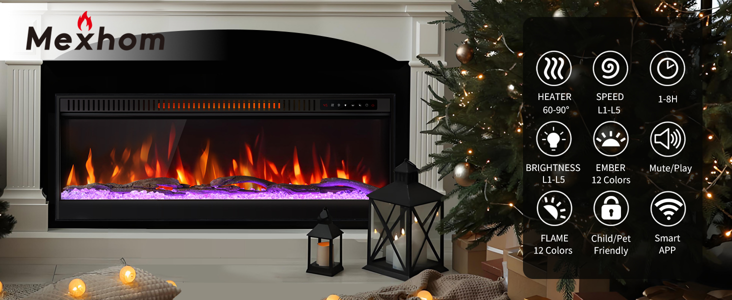 Der Text lautet „Mexhom“. Elektrischer Kamin mit roten und blauen LED-Flammen, dekoriert mit dekorativen Laternen und Weihnachtsbaum. Es werden Steuersymbole für verschiedene Einstellungen und Funktionen angezeigt.