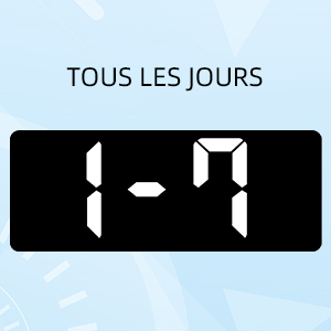 Le texte se lit comme suit : « TOUS LES JOURS ». Éléments de conception graphique simples en noir et blanc sur fond bleu clair.