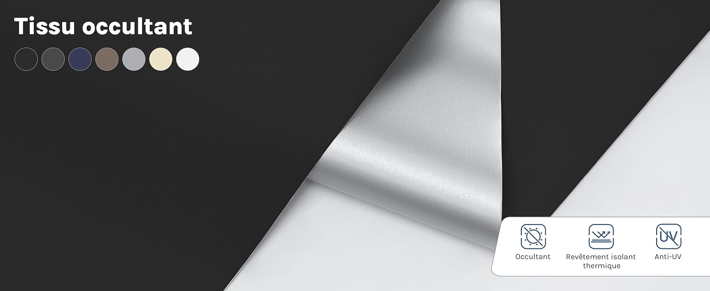 Le texte indique « Tissu occultant ». Série de photographies rapprochées de la texture du tissu montrant les détails du matériau dans des tons noir et blanc.