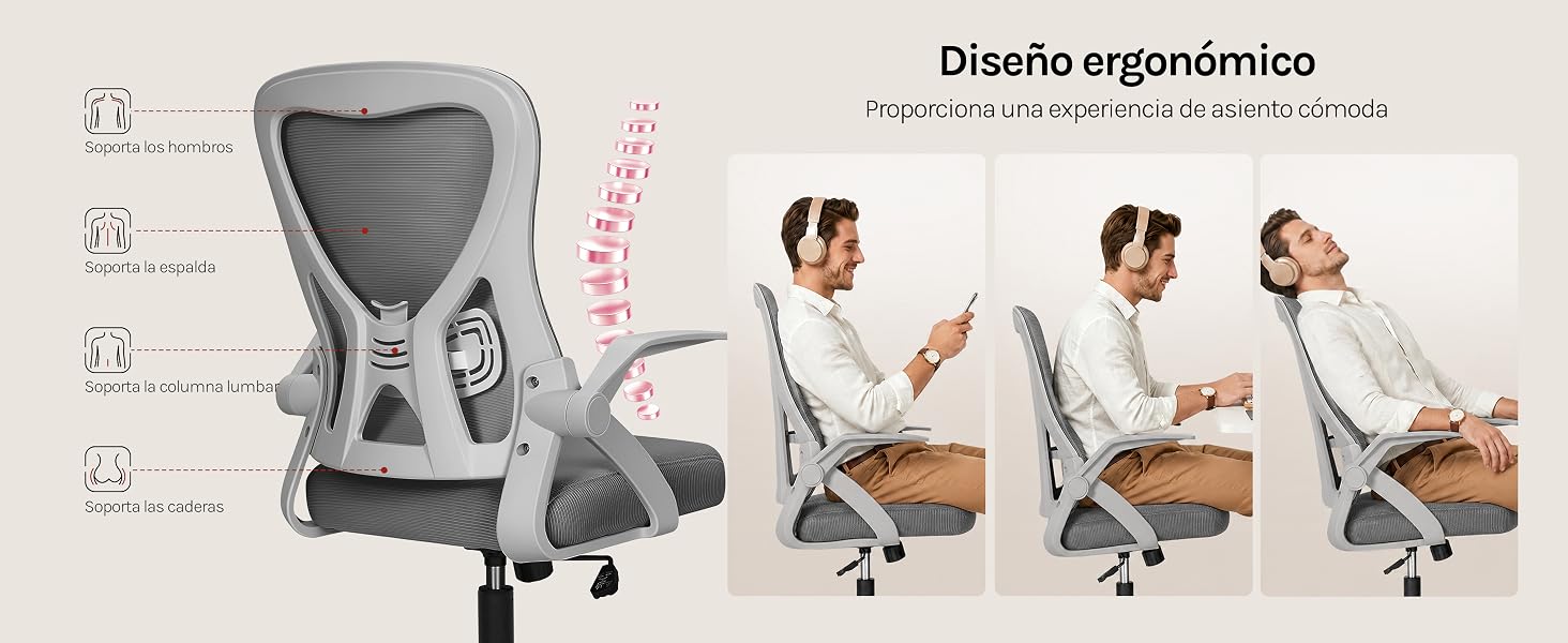 El texto dice «Diseño ergonómico». La silla de oficina se muestra desde varios ángulos y muestra un diseño ergonómico, con indicadores de ajuste técnico y con la posición de la persona sentada en la silla.