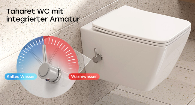 Der Text lautet „Taharat WC mit integrierter Armatur“.
[SENTENCE 12] Sammlung von Badarmaturen und Sanitärkomponenten in Weiß vor neutralem Hintergrund.