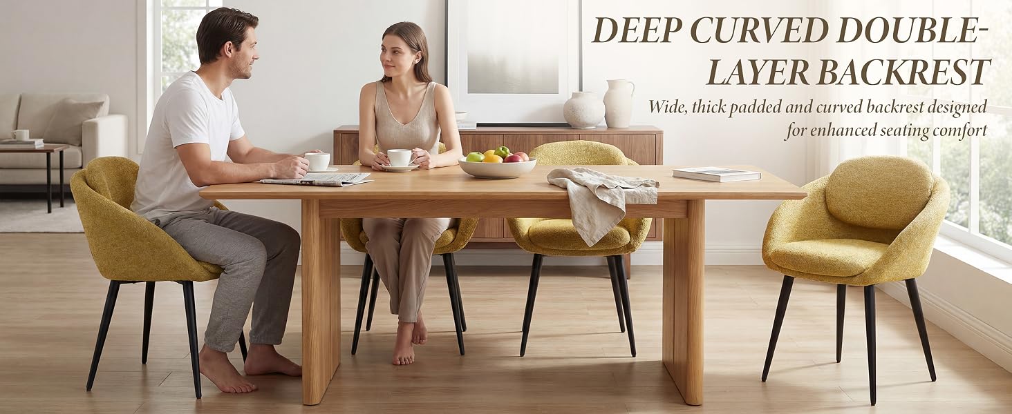Text reads 'DEEP CURVED DOUBLE LAYER BACKREST'. Modern dining room interior showing chairs with curved backs in a minimalist setting.