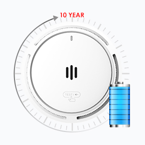 Appareil circulaire au design minimaliste, doté d'un indicateur d'autonomie de 10 ans et d'une icône bleue. Peut-être une maison intelligente ou un appareil de surveillance.
