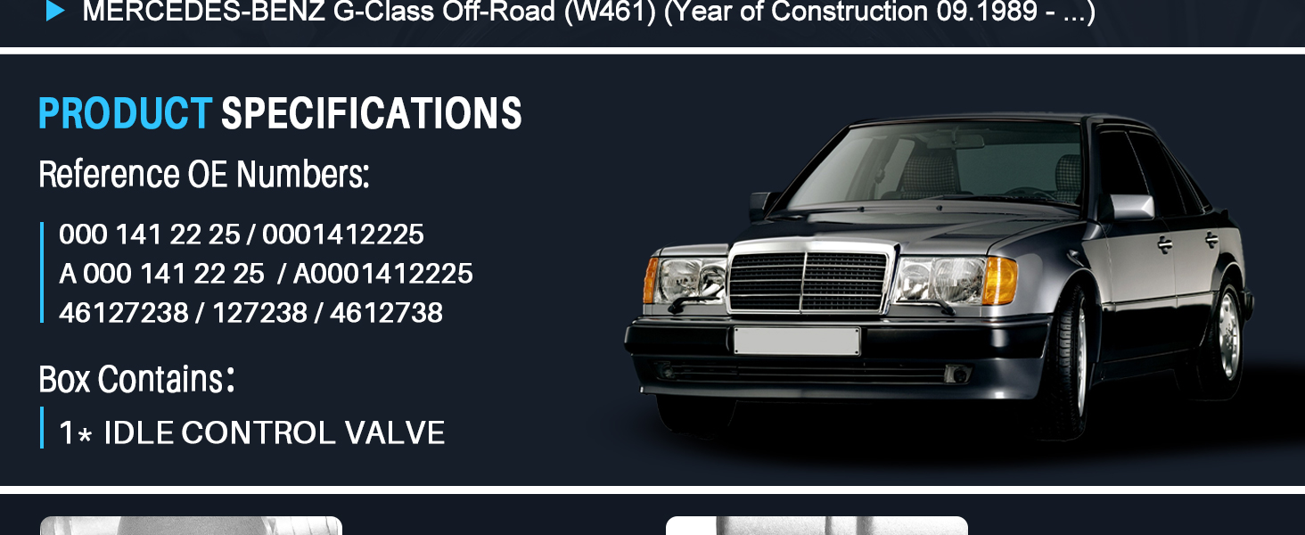 Mercedes-Benz C-Class idle control valve product specification. Image shows silver car and lists reference OE numbers. Box contains 1x idle control valve.