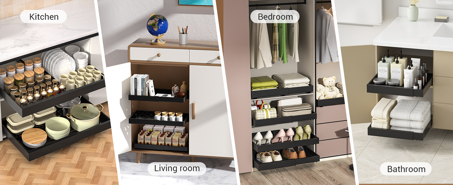 Multi-tiered storage organizers for various rooms. Kitchen spice rack, living room shelf unit, bedroom closet organizer with drawers, and bathroom shelf for toiletries and towels.
