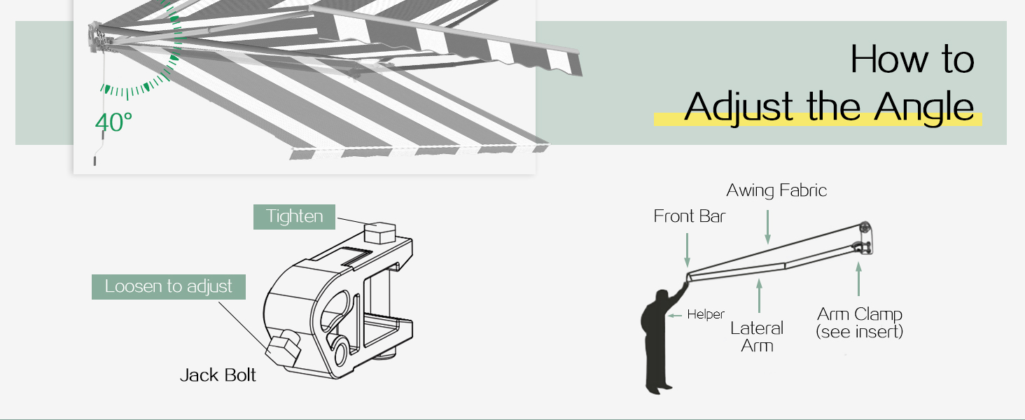 Der Text lautet „Anleitung“ und „Winkel anpassen“. Technisches Installationsdiagramm, das die Einstellmechanismen der Markise mit detaillierten Beschriftungen der Komponenten und Richtungspfeilen zeigt.