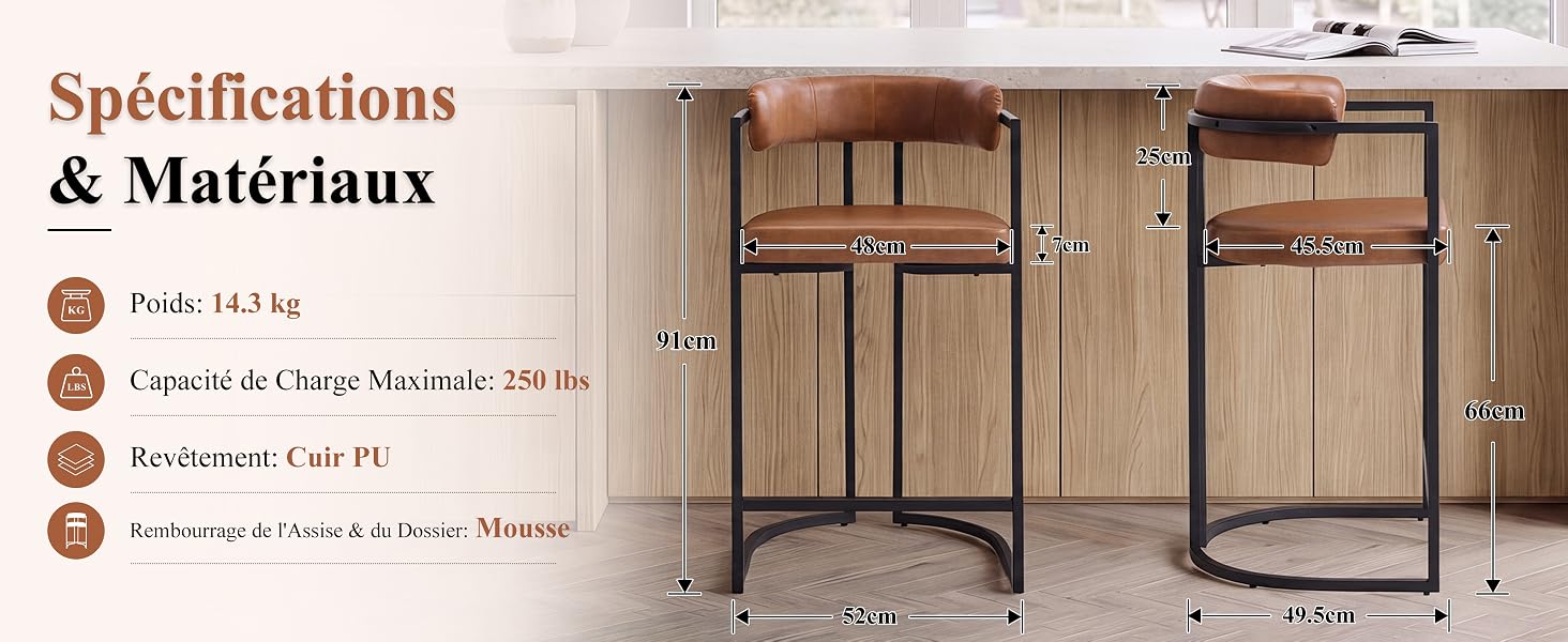 Le texte indique « Spécifications &amp; Matériaux », « Poids : 14,5 kg », « Dimension : L120 x P40 x H180 cm », « Matériau : Acier inoxydable, Panneaux MDF ». L'image montre une armoire de rangement en bois avec des panneaux de verre et un cadre en métal.