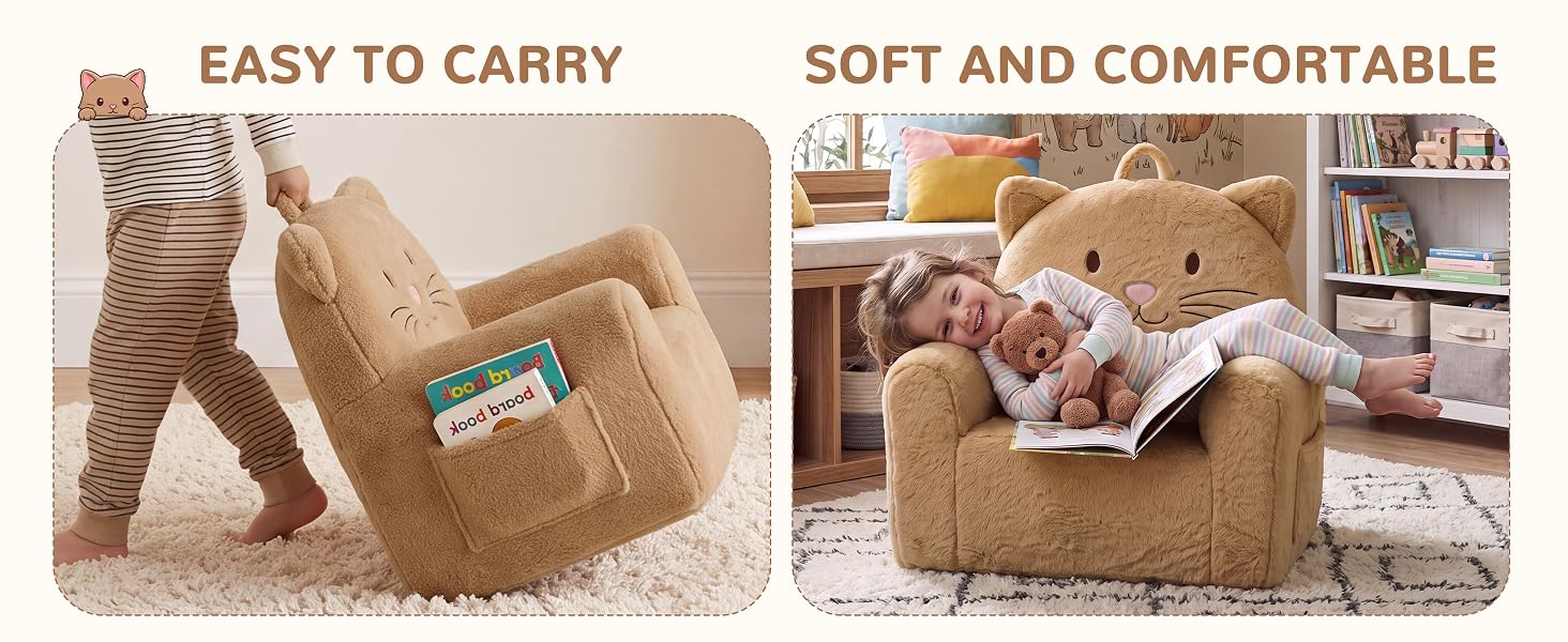 Text reads 'EASY TO CARRY' and 'SOFT AND COMFORTABLE'. Left panel shows beige fabric with blue tag; right panel displays furniture arrangement with decorative items.