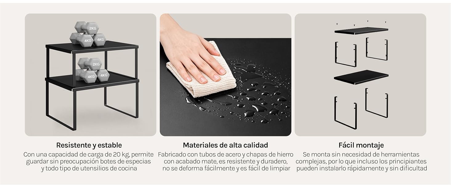 El texto dice «Reclinarse y subido», «Materiales de durabilidad», «Fácil montaje» con especificaciones en español. Tres vistas del producto muestran muebles de metal negro con estantes escalonados, características de montaje y detalles de construcción.