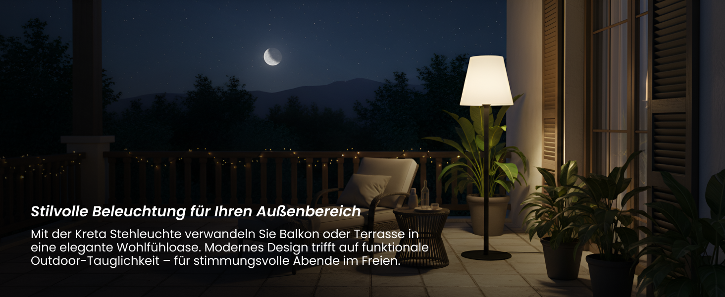 Der Text lautet „Effiziente Beleuchtung für Ihren Außenbereich“.
[SENTENCE 8] Nächtliche Außenszene mit Hausbeleuchtung und beleuchteten Fenstern.