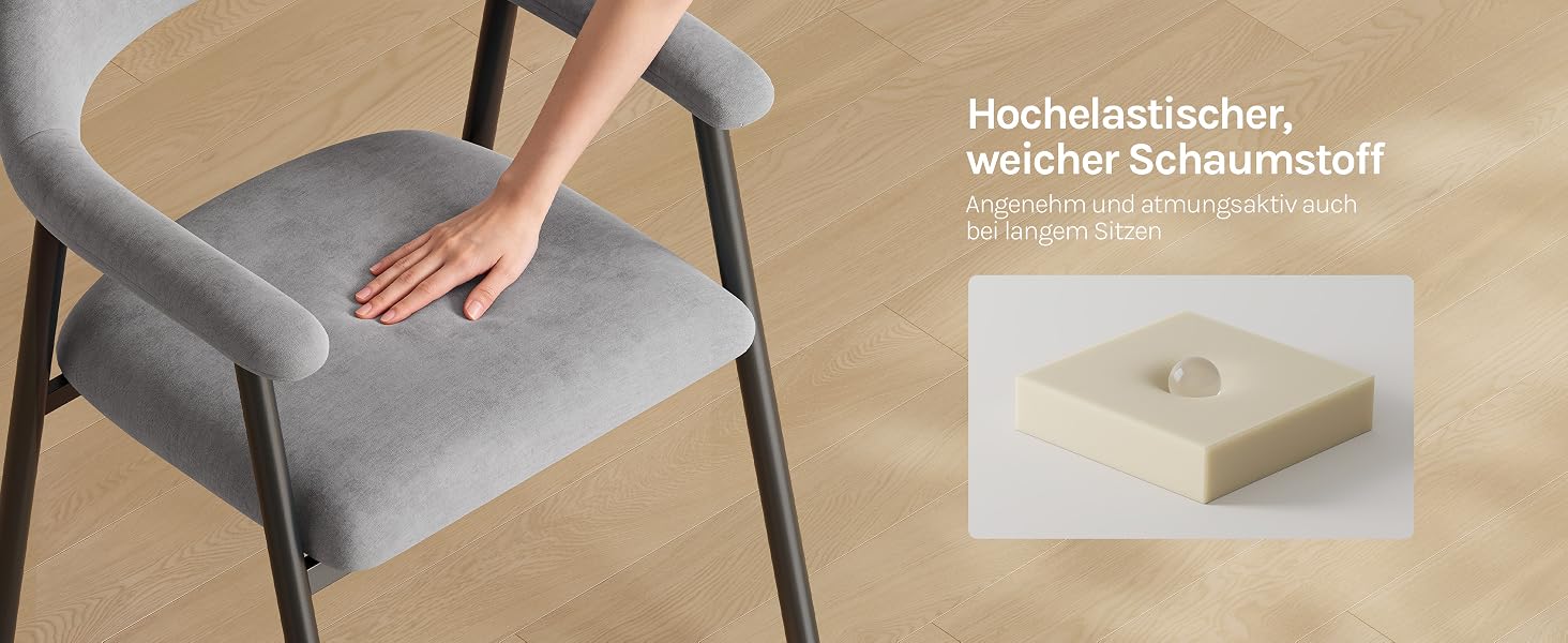 Der Text lautet „Hochelastischer, weicher Schaumstoff“. Handberührender grauer gepolsterter Stuhlsitz, der den Komfort des gepolsterten Schaums und die Konstruktion aus weichem Textilmaterial betont.