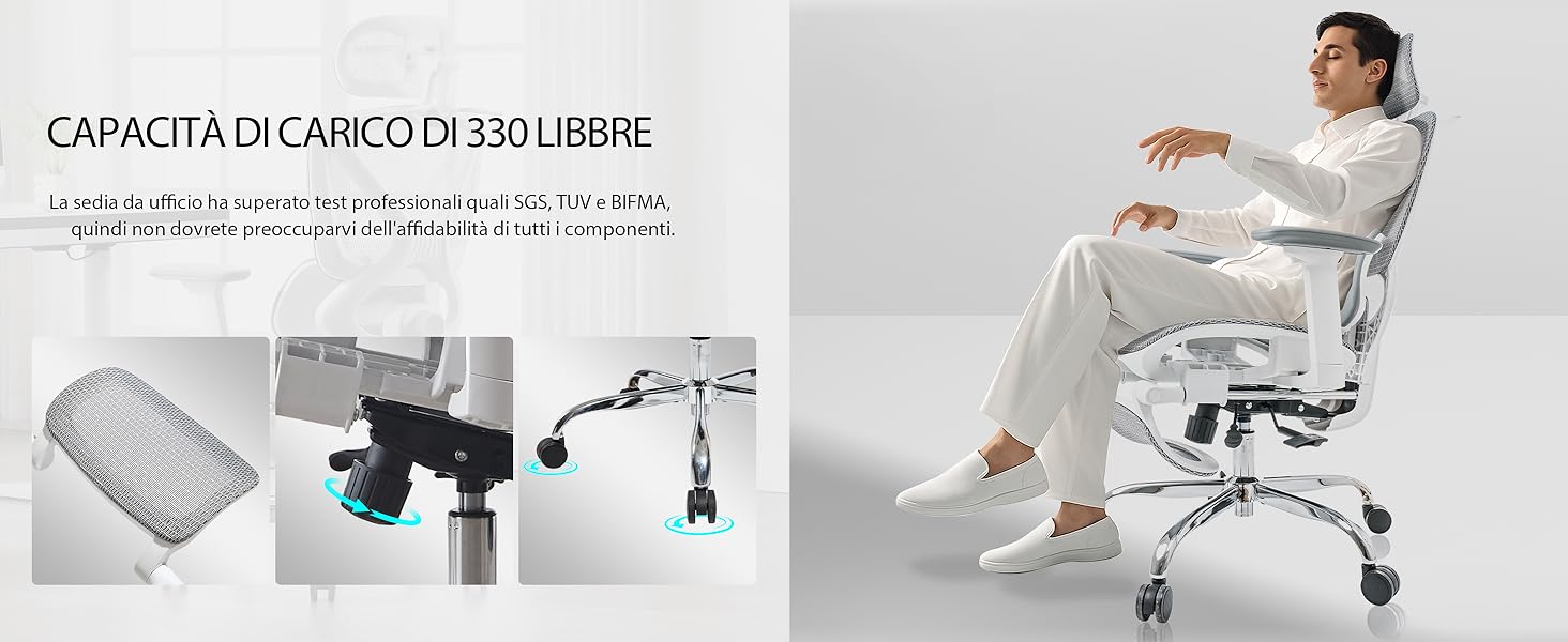 Il testo recita «CAPACIDAD DE CARGA DE 130 LIBRAS». Le apparecchiature mediche o terapeutiche bianche, visualizzate da più angolazioni, sembrano essere un dispositivo di mobilità o di supporto.