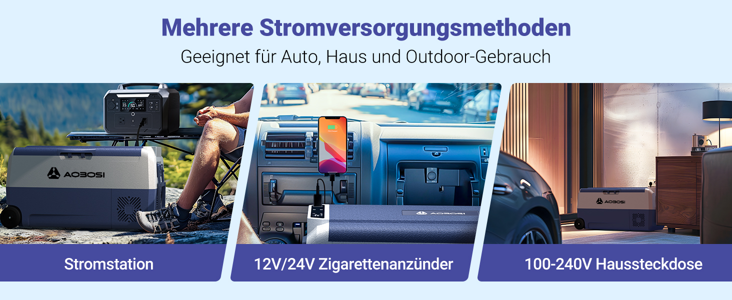 Tragbares Kraftwerk mit mehreren Lademethoden: eingebauter Akku, 12/24-V-Autoadapter und 100-240-V-Haushaltssteckdose. Wird im Innen- und Außenbereich angezeigt