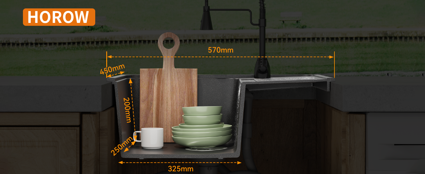 Text reads 'HOROW'.
[SENTENCE 4] Kitchen counter scene showing wooden cutting board, white dishware, and kitchen accessories against dark background.