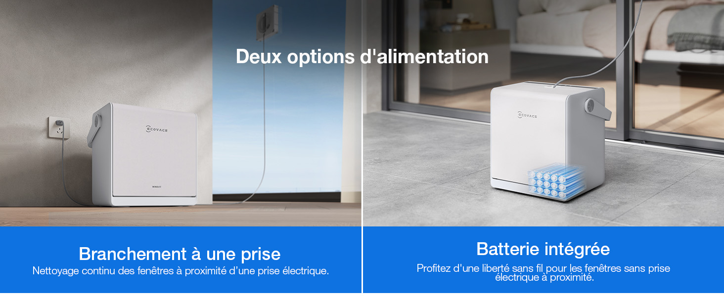 Le texte se lit comme suit : « Deux options d'alimentation » et « Branchement à une prise » avec « Galerie intégrée ». Comparaison de produits montrant des appareils électroménagers ou des unités de rangement blancs sur fond bleu.