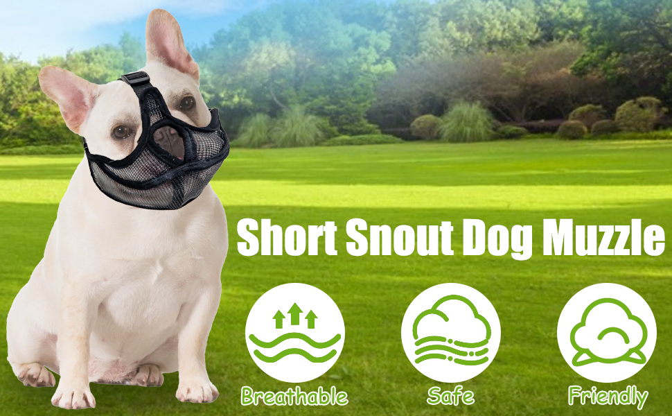 French Bulldog wearing a black mesh muzzle. Product labeled as 'Short Snout Dog Muzzle' with icons indicating breathable, soft, and friendly features.