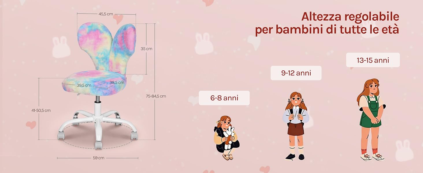 Il testo recita: 'Altezza regolabile per bambini di tutte le età'. Illustrazione di confronto dell'altezza che mostra le impostazioni regolabili della sedia per diverse fasce d'età.