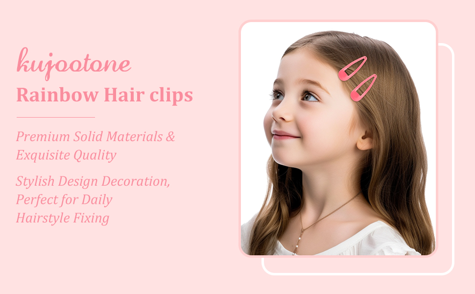 Colorful hair clips worn by a child. Two clips visible: one pink, one yellow. Product advertised as rainbow hair clips for daily hairstyle fixing.
