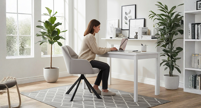 Series of images showing modern office space with standing desk in bright white interior, featuring large windows and decorative plants.
