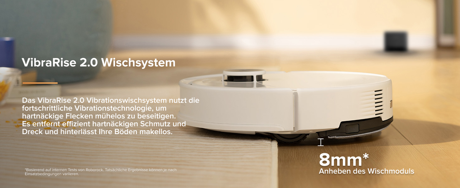 Roboter-Staubsauger mit niedrigem Profil und weißer Außenseite. Verfügt über eine Steigfähigkeit von 8 mm und ein VibraRise 2.0-Wischsystem für eine effektive Reinigung