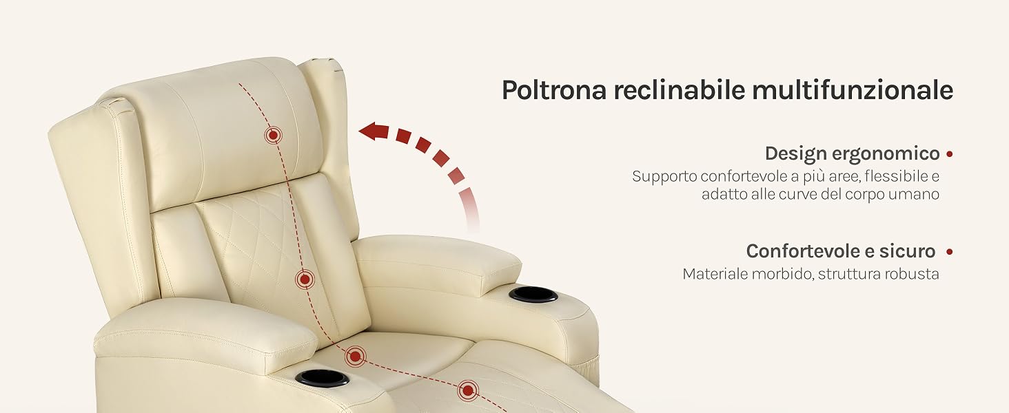 Il testo recita «Poltrona reclinabile multifunzionale» e «design ergonomico». Poltrona reclinabile color crema con funzioni di regolazione multiple mostrate ad angolo.