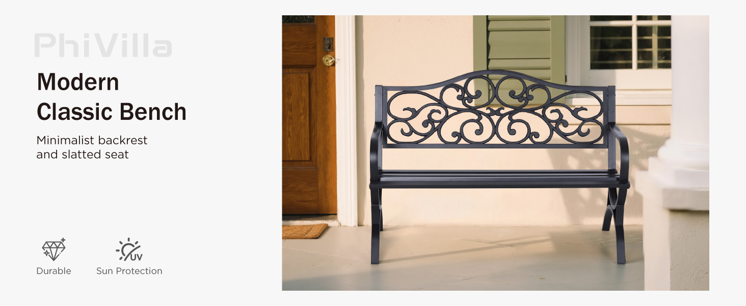Text reads 'Modern Classic Bench'. Multiple angles of a minimalist bench design with black metal frame structure shown against white background.