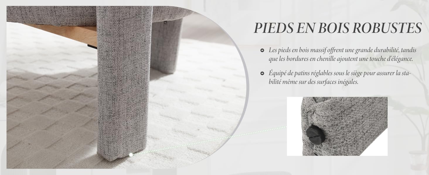Plusieurs plans rapprochés montrant l'installation ou le réglage de pieds ou de composants de meubles sur une surface blanche.