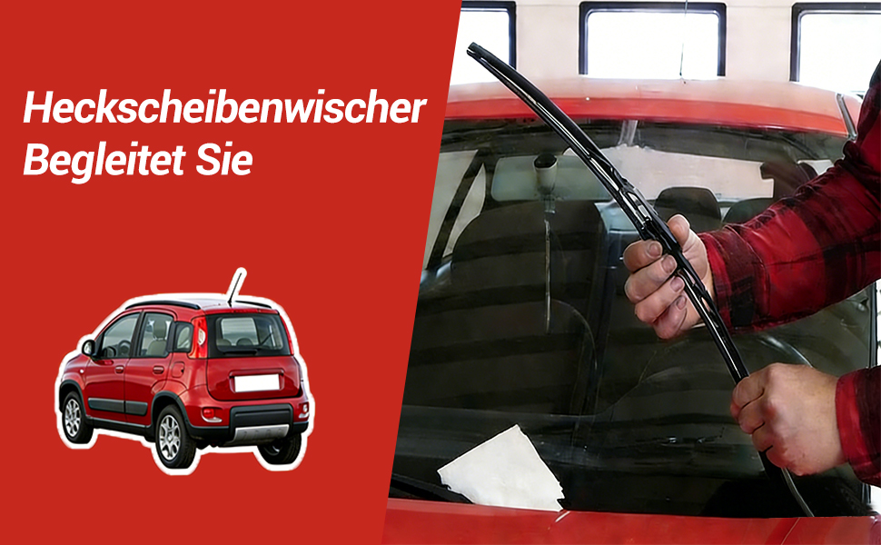 Le texte se lit comme suit : « Heckscheibenwischer Begleitet Sie ». Montre l'installation de l'essuie-glace arrière avec fond rouge et illustration de la voiture.