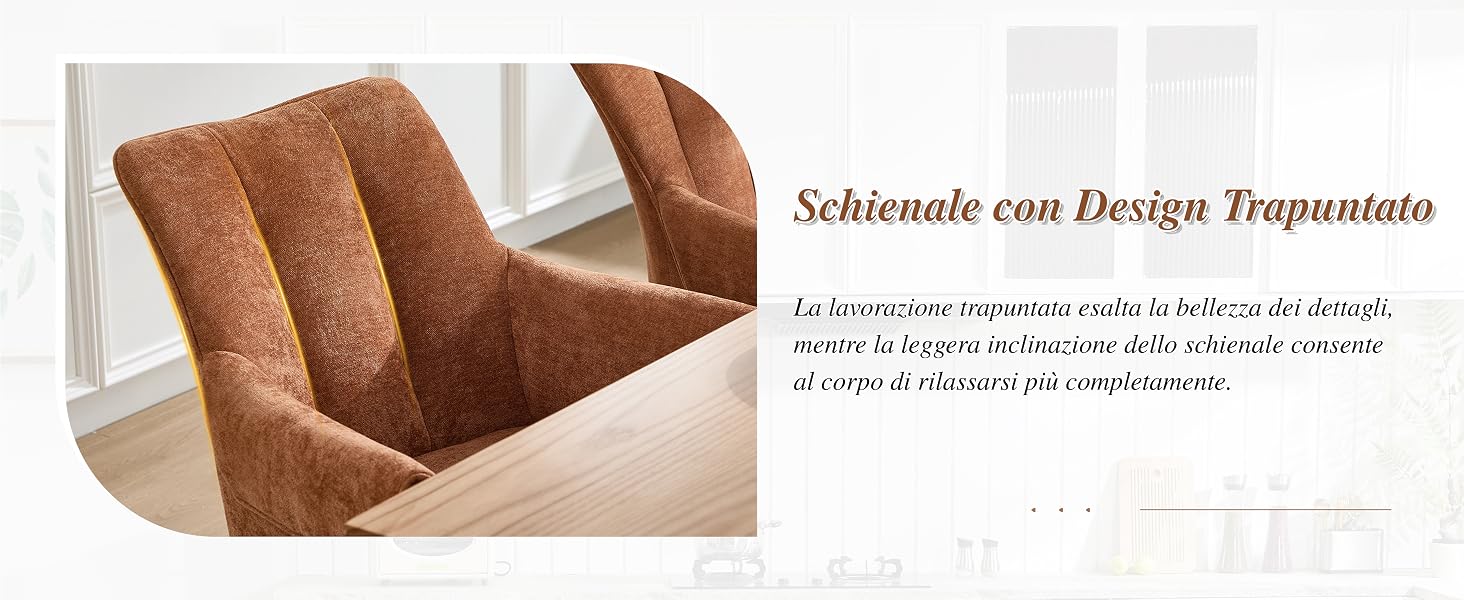 Il testo recita «Schlenker con Design Trepuntado». Immagine di design degli interni che mostra mobili imbottiti in pelle marrone o pelle scamosciata su sfondo bianco.