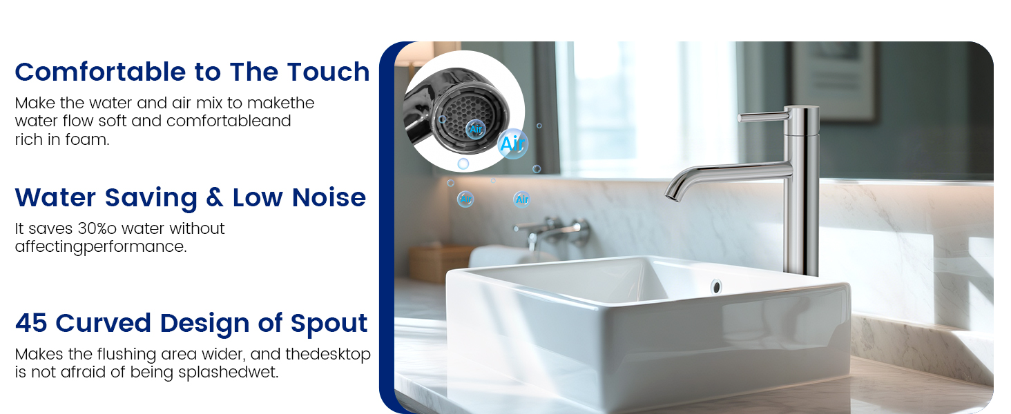 Text reads 'Comfortable to The Touch' and 'Water Saving &amp; Low Noise'. Product demonstration showing water flow and ergonomic design features.