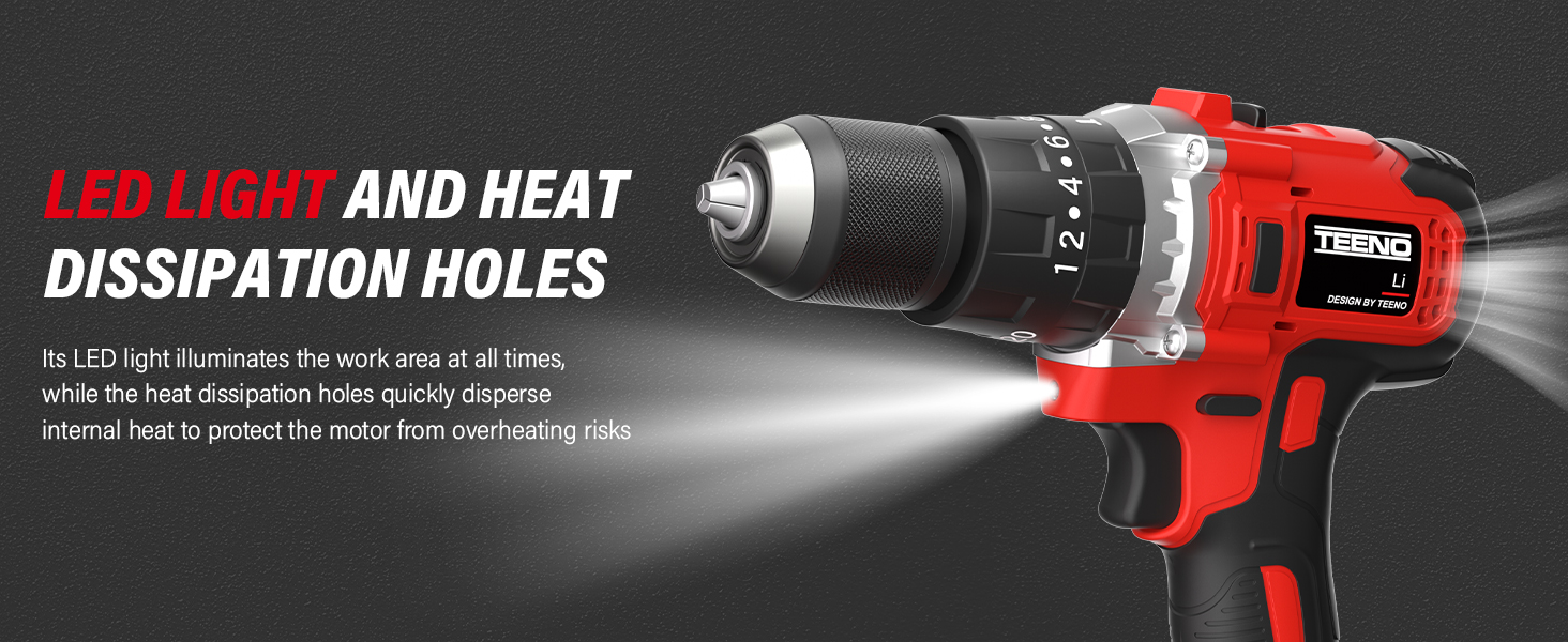 Le texte indique « LUMIÈRE LED ET TROUS DE DISSIPATION THERMIQUE ». Image marketing d'une perceuse électrique rouge avec éclairage LED illuminé sur fond noir.