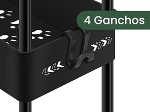 Primer plano de una estructura metálica negra con 4 ganchos, probablemente parte de un sistema de almacenamiento u organización