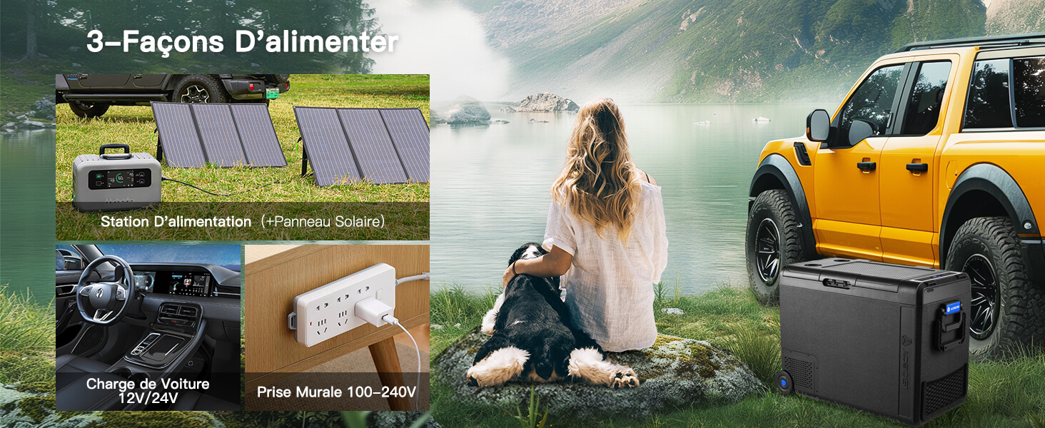 Image à trois panneaux montrant des panneaux solaires, un système de rangement pour véhicules tout-terrain et une scène extérieure avec un véhicule jaune sur fond brumeux.