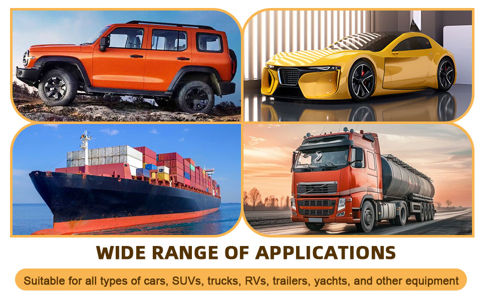 Text reads 'WIDE RANGE OF APPLICATIONS' and 'Suitable for all types of cars, SUVs, trucks, RVs, buses, vans, and other equipment.' Four vehicles shown: orange SUV, yellow sports car, red cargo ship, and orange truck.