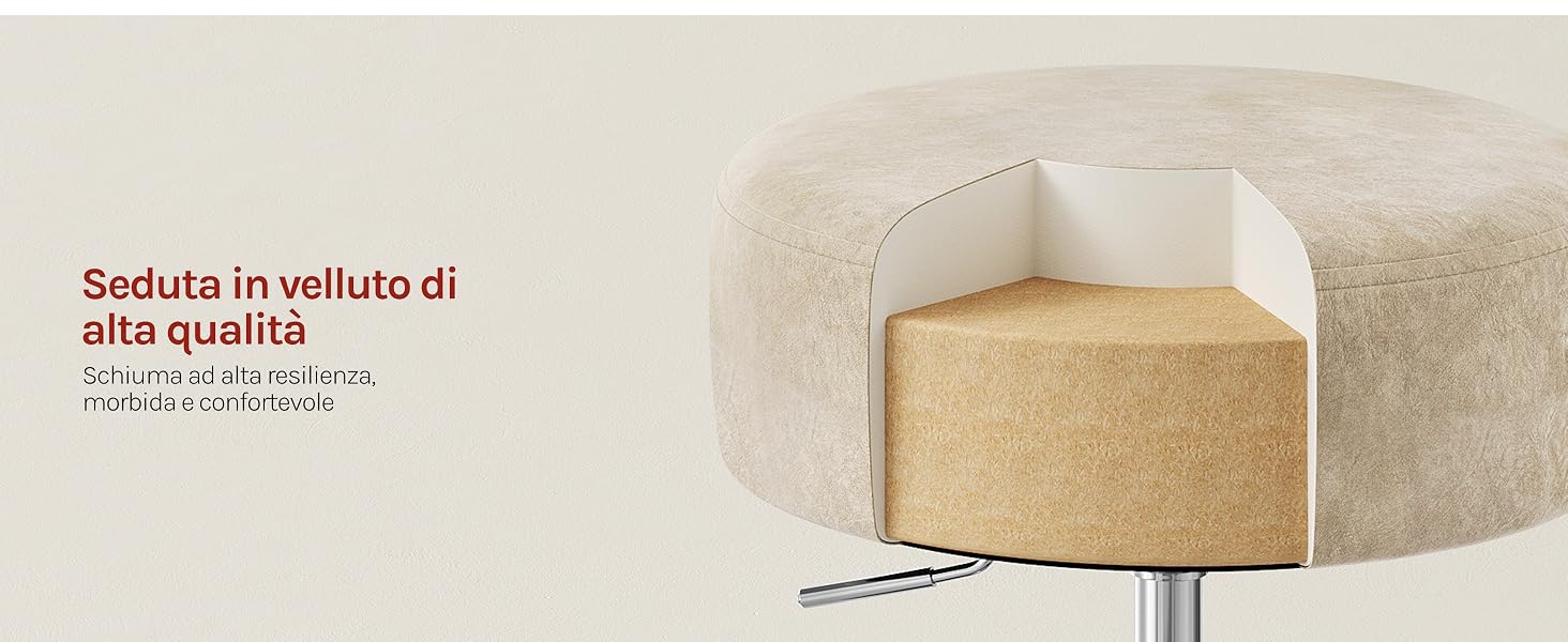 Il testo recita «Seduta in velluto di alta qualità». Vista ravvicinata di un mobile imbottito in velluto beige che mostra texture e dettagli costruttivi.