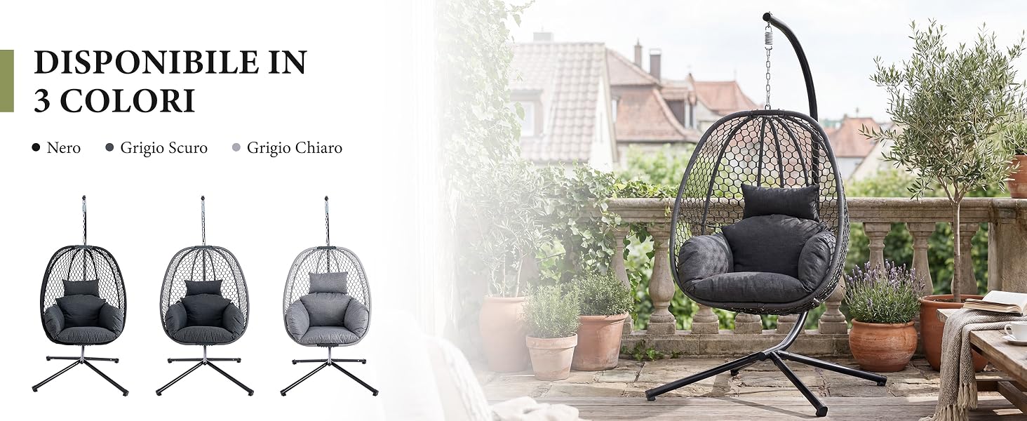 Il testo recita «DISPONIBILE IN 3 COLORI» (Disponibile in 3 colori). L'immagine mostra tre design di sedie a forma di uovo sospese nere e mobili da giardino con vegetazione.