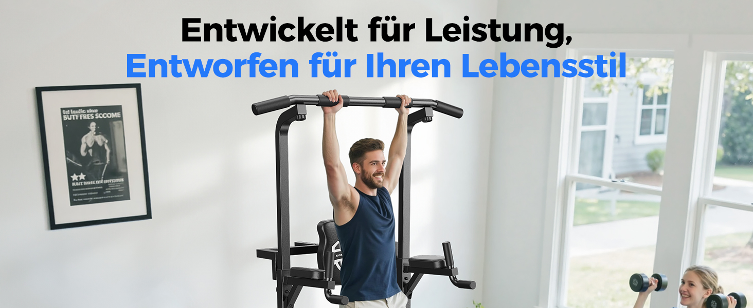 Text lautet: „Entwickelt für Leistung, Entworfen für Ihren Lebensstil“ Zusätzliche Bilder von Heimfitnessgeräten und Menschen, die in einer Inneneinrichtung trainieren.