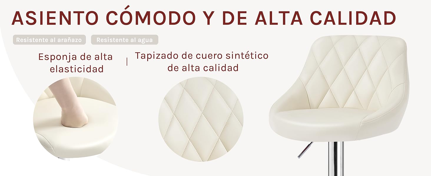 Tres paneles que muestran las características de la silla: cojín de espuma de alta elasticidad, tapicería de piel sintética con costuras de diamante y vista completa de un taburete de bar acolchado blanco